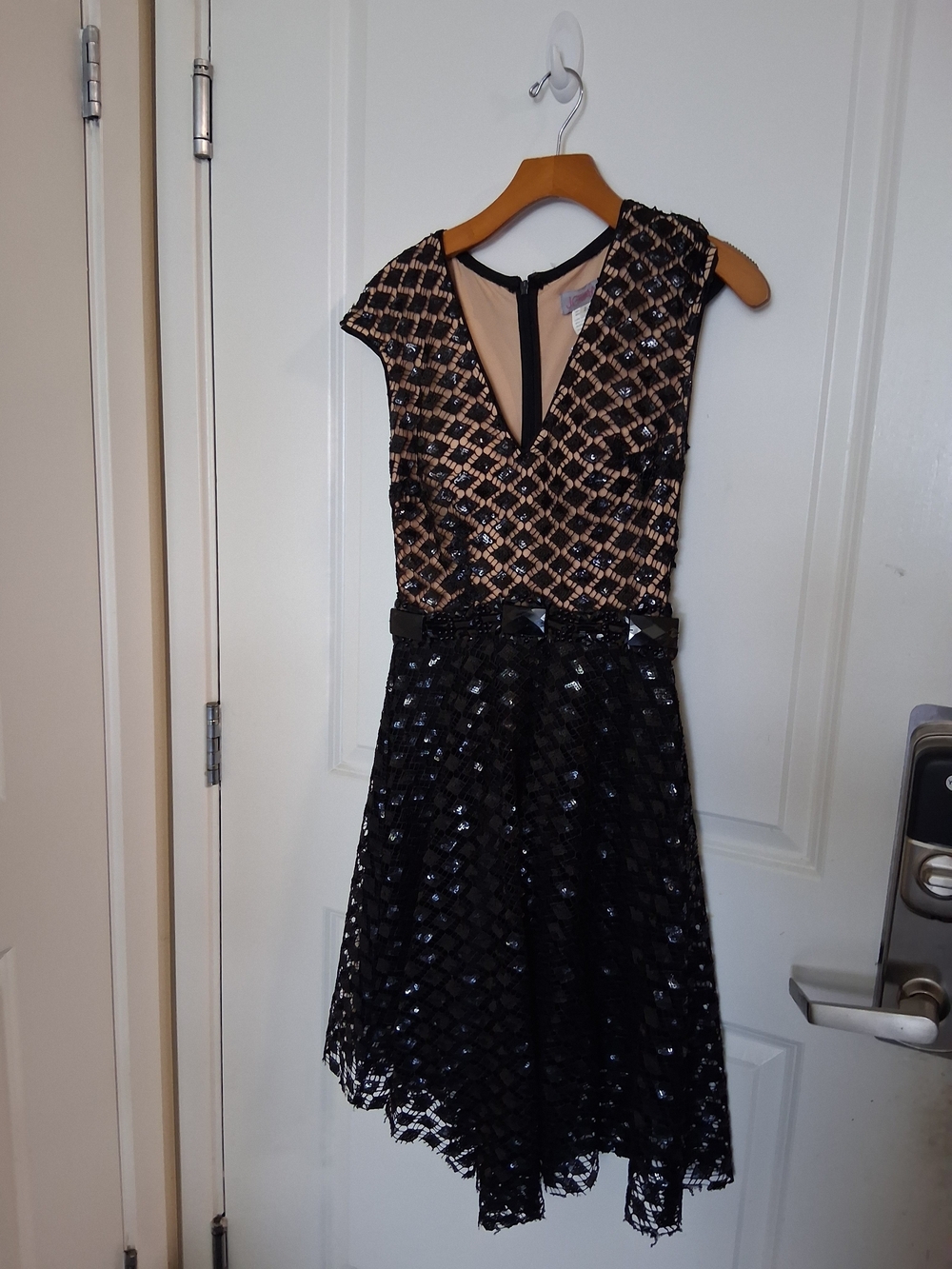Jovani Black and Nude Sequin Fit-and-Flare Evening Dress